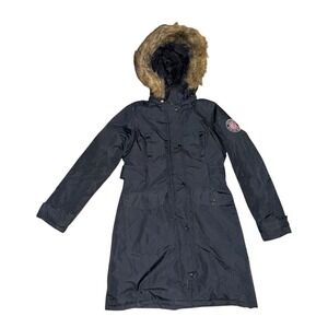 Rocawear Y2K Women's Black Parka‎ Coat M Faux Fur Trim Hood Winter Casual flaws